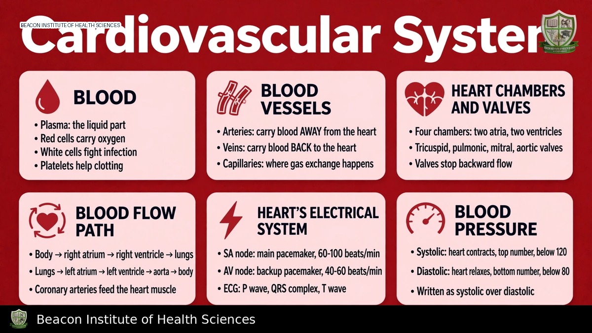 Cardiovascular system infographic showing heart anatomy, blood vessels and circulation pathways