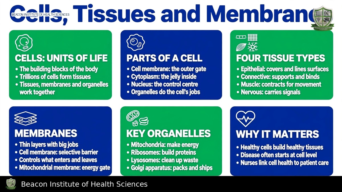 Cells, tissues and membranes infographic comparing cell structures, transport and the four tissue types