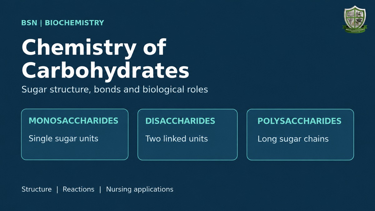 Chemistry of Carbohydrates: monosaccharides, disaccharides and polysaccharides for BSN biochemistry, with the BIHS crest on the right.