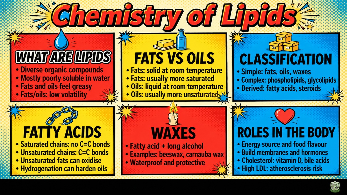Chemistry of Lipids gallery infographic: fats and oils, fatty acids, lipid classification, waxes and body functions, with the BIHS crest on the right.