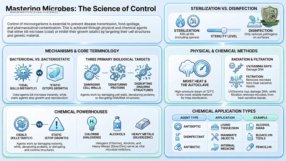 Control of microorganisms infographic illustrating disinfection, sterilization and microbial control methods