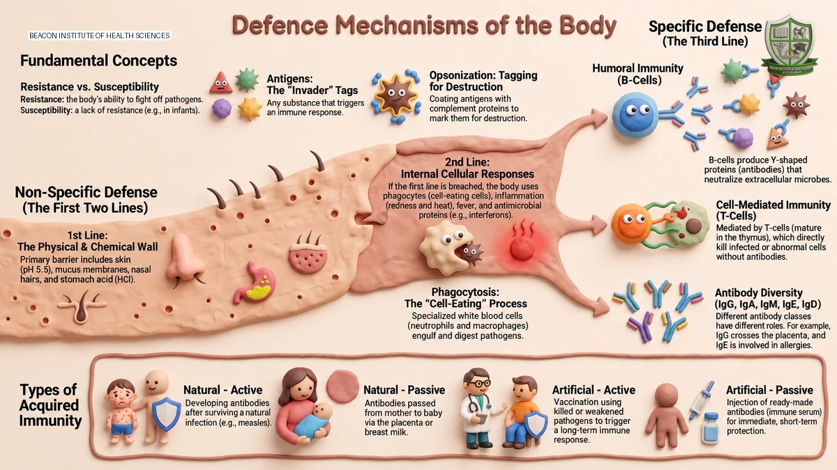 Body defence infographic showing physical barriers, immune cells, antibodies and acquired immunity