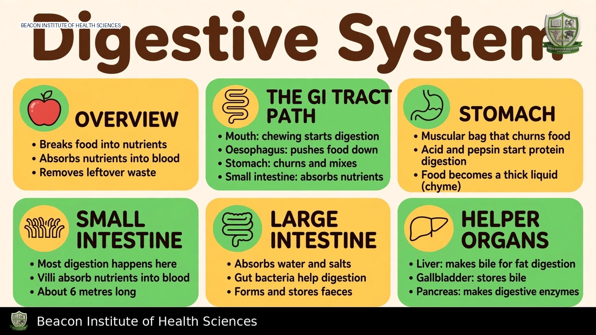 Digestive system infographic showing the alimentary canal, accessory organs and digestion and absorption