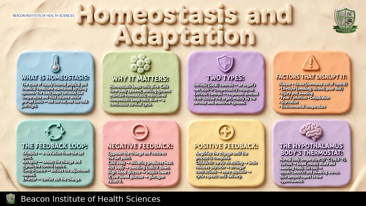 Homeostasis and adaptation infographic showing feedback control and physiological responses