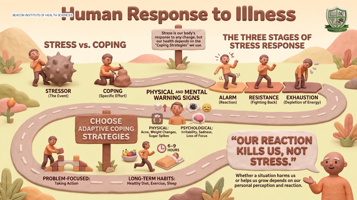Explore human responses to illness, including physiological and psychological stress, coping mechanisms, and nursing interventions. Essential for BSN students.