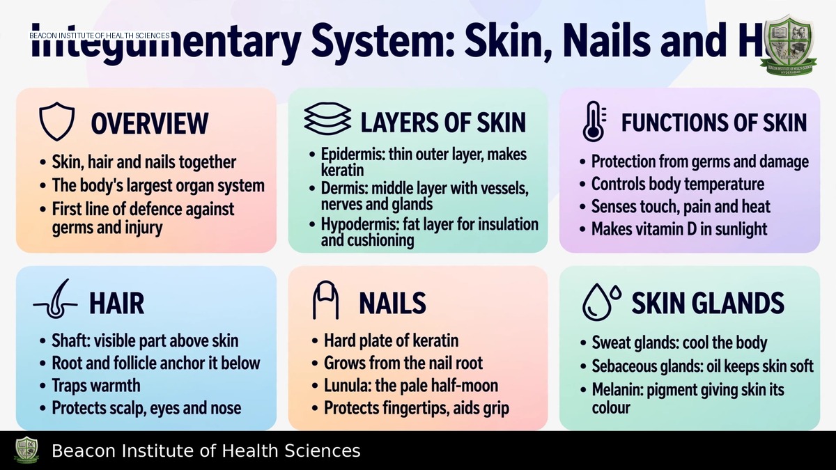 Integumentary system infographic showing skin layers, hair follicles, nails and cutaneous glands