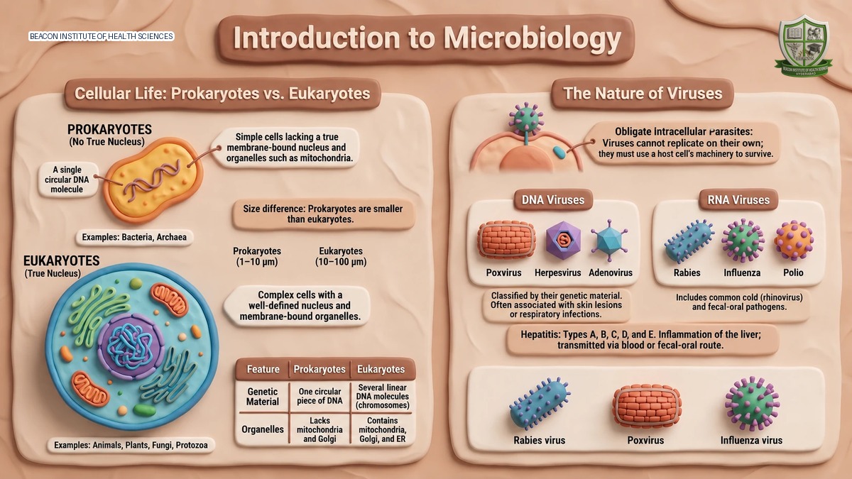 Introduction to microbiology infographic comparing cell types and viruses