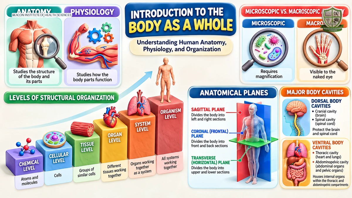 Anatomy and Physiology I infographic introducing body organization, anatomical terminology and organ systems