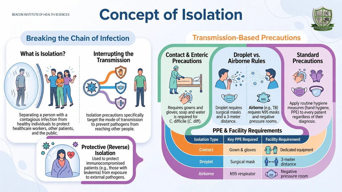 Isolation infographic comparing Standard, Contact, Droplet and Airborne Precautions and protective isolation