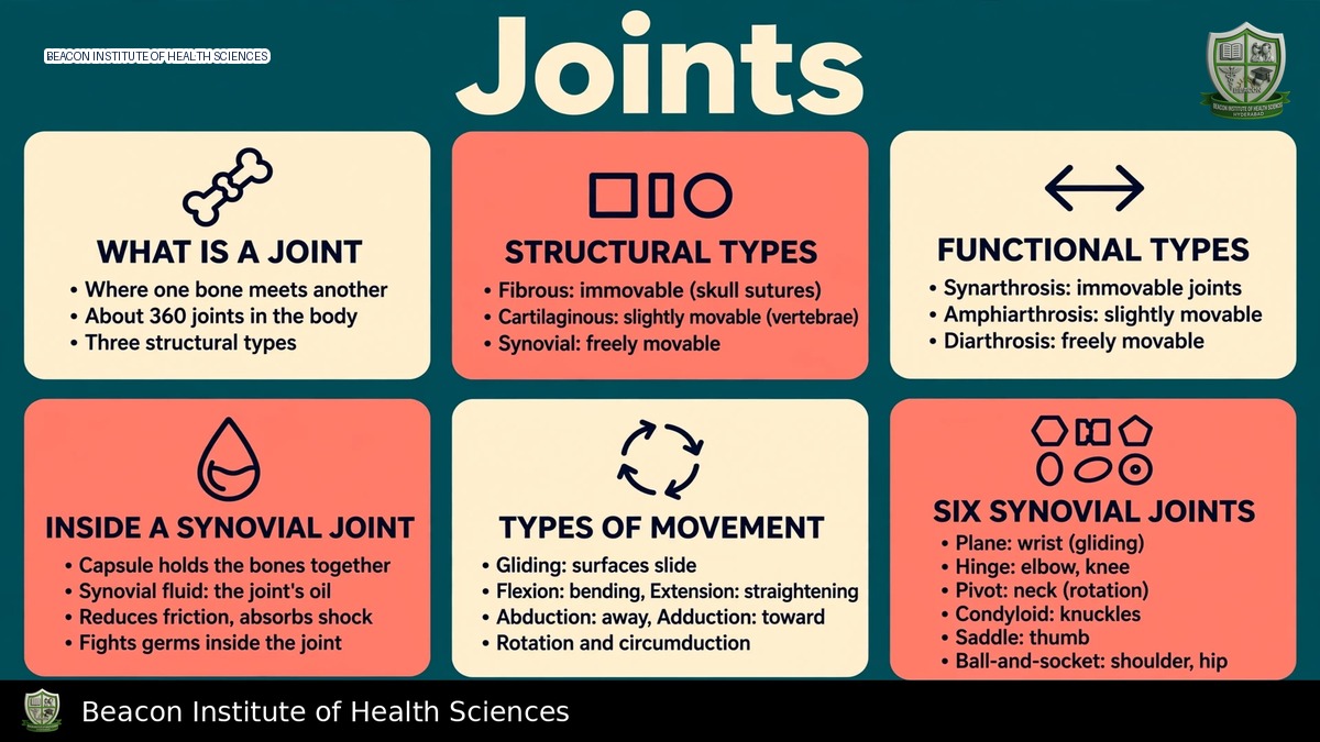 Joints infographic comparing joint classifications, synovial structures and common movements
