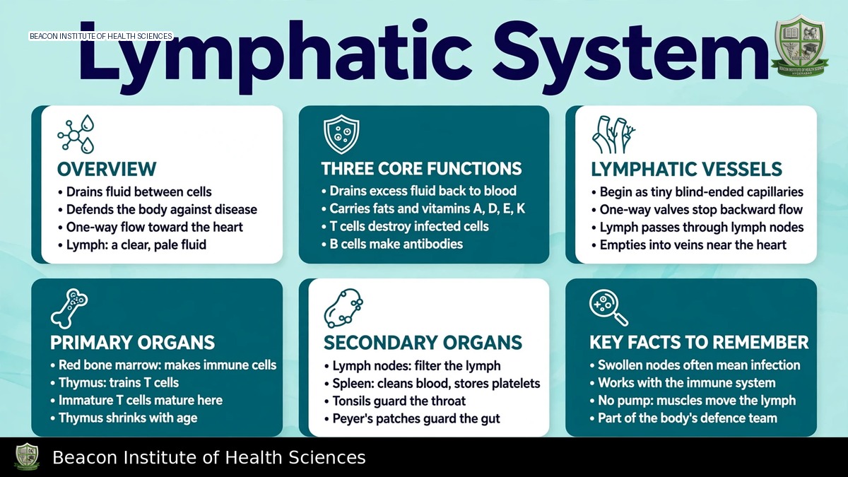 Lymphatic system infographic showing lymph vessels, drainage ducts, lymph nodes and lymphoid organs