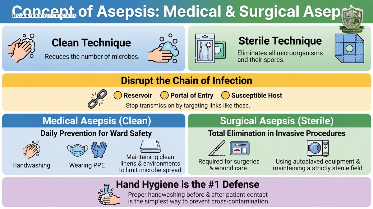 Medical and surgical asepsis infographic comparing clean technique, sterile technique and hand hygiene