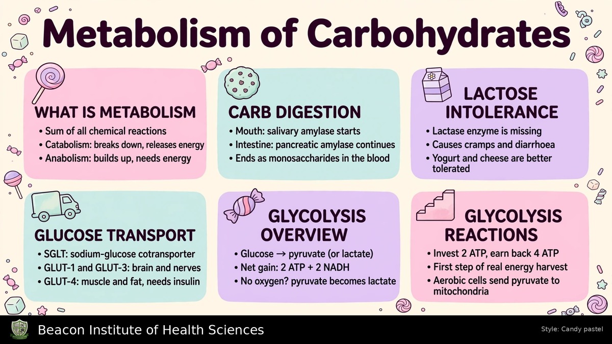 Metabolism of Carbohydrates infographic showing digestion, glucose transport and glycolysis