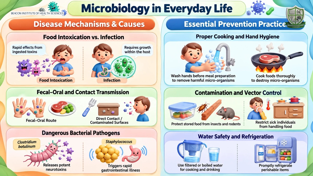 Microbiology in everyday life infographic showing foodborne illness, hygiene, safe cooking and food storage