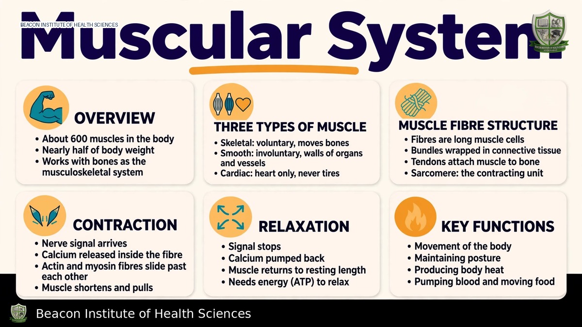 Muscular system infographic showing muscle types, organization and contraction mechanisms