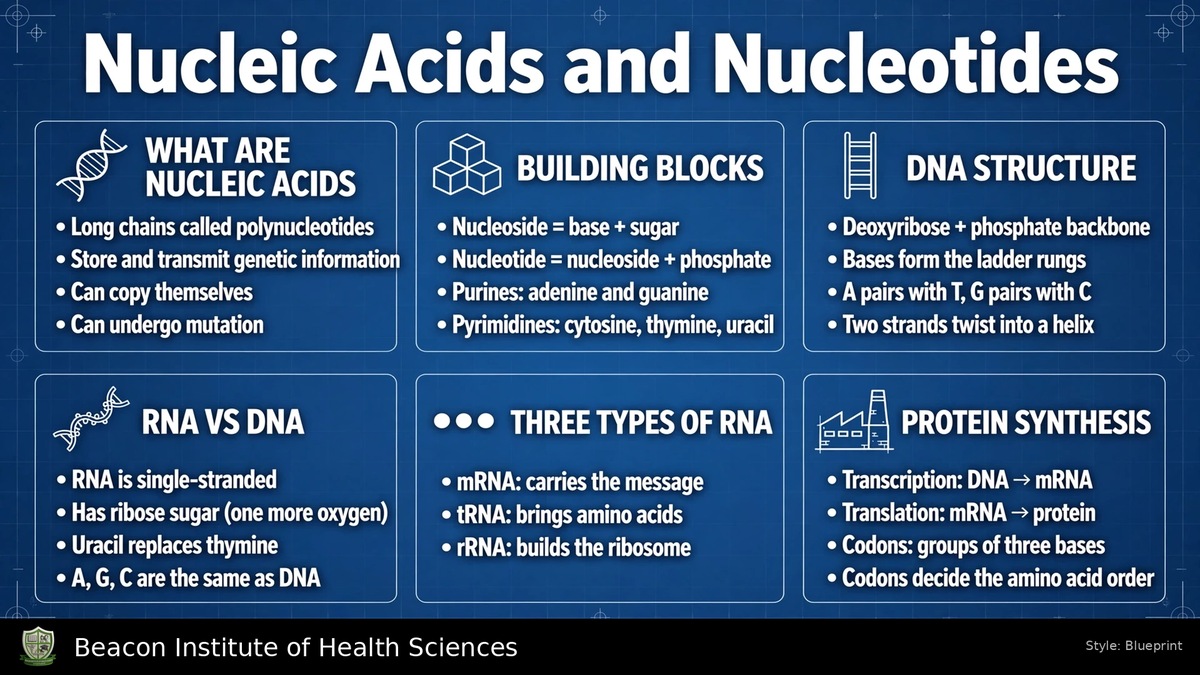 Original gallery infographic on Nucleic Acids and Nucleotides, showing nucleotide building blocks, DNA structure, RNA types and protein synthesis.