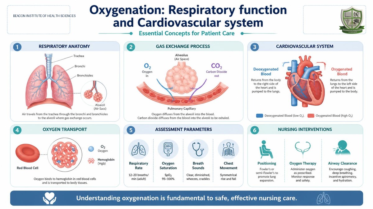 Learn oxygenation in nursing, including respiratory function, oxygenation assessment, oxygen therapy, oxygen administration and key nursing interventions