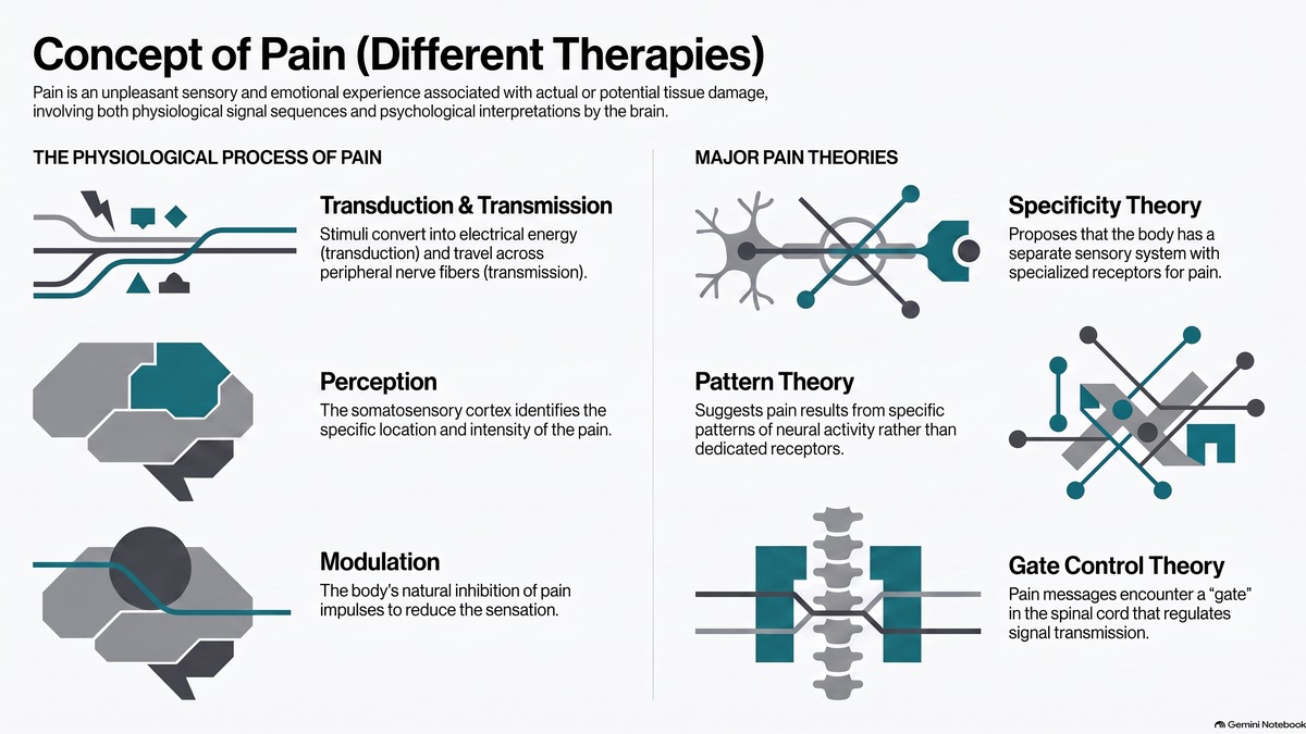 Explore the core concept of pain and its management in nursing, covering physiological processes, classifications, theories, and therapeutic interventions for.