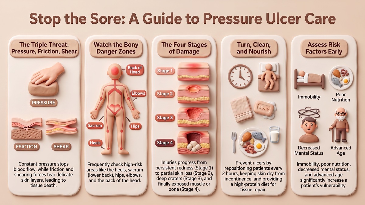 Infographic showing pressure ulcer nursing management, including causes, risk areas, stages, prevention and risk factors