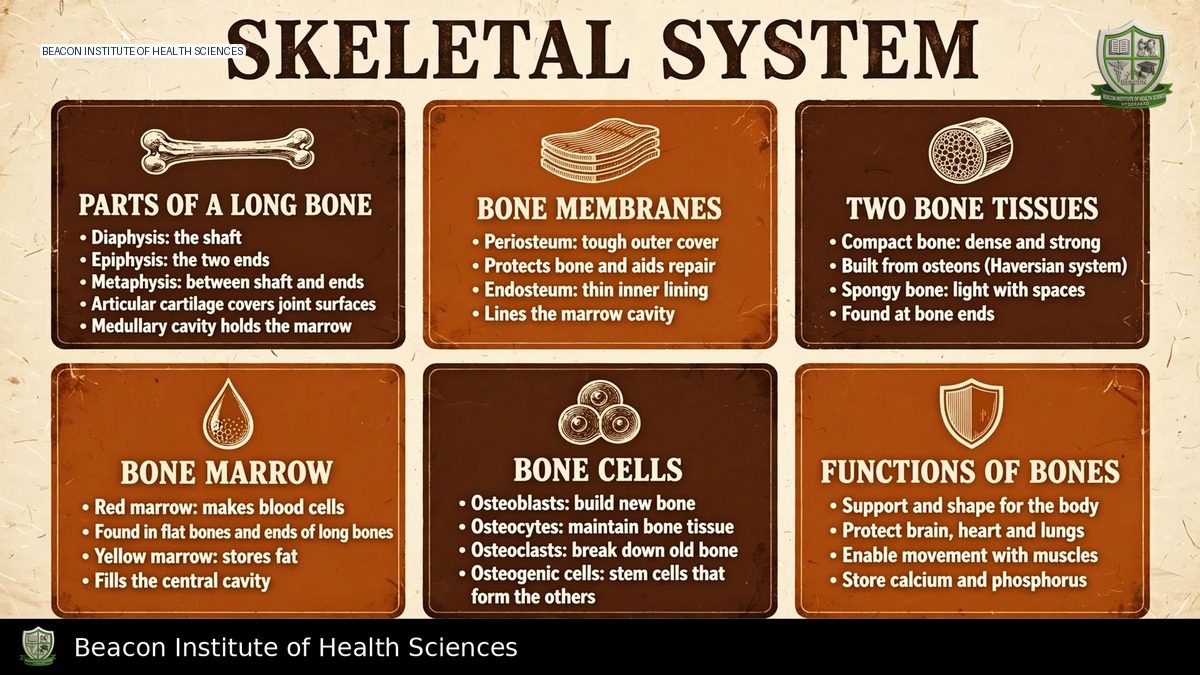 Skeletal system infographic showing bone structure and the axial and appendicular skeleton