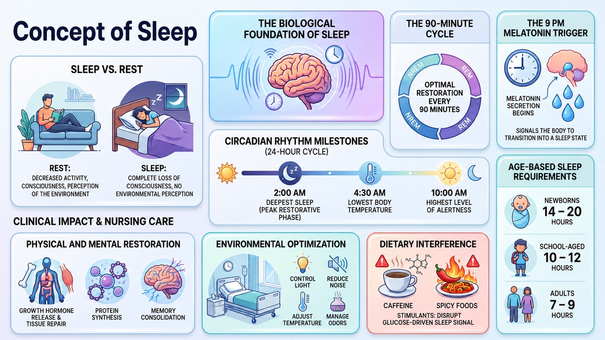 Explore core concepts of sleep and rest, circadian rhythm, sleep architecture and common disorders. Learn evidence-based nursing interventions for sleep.