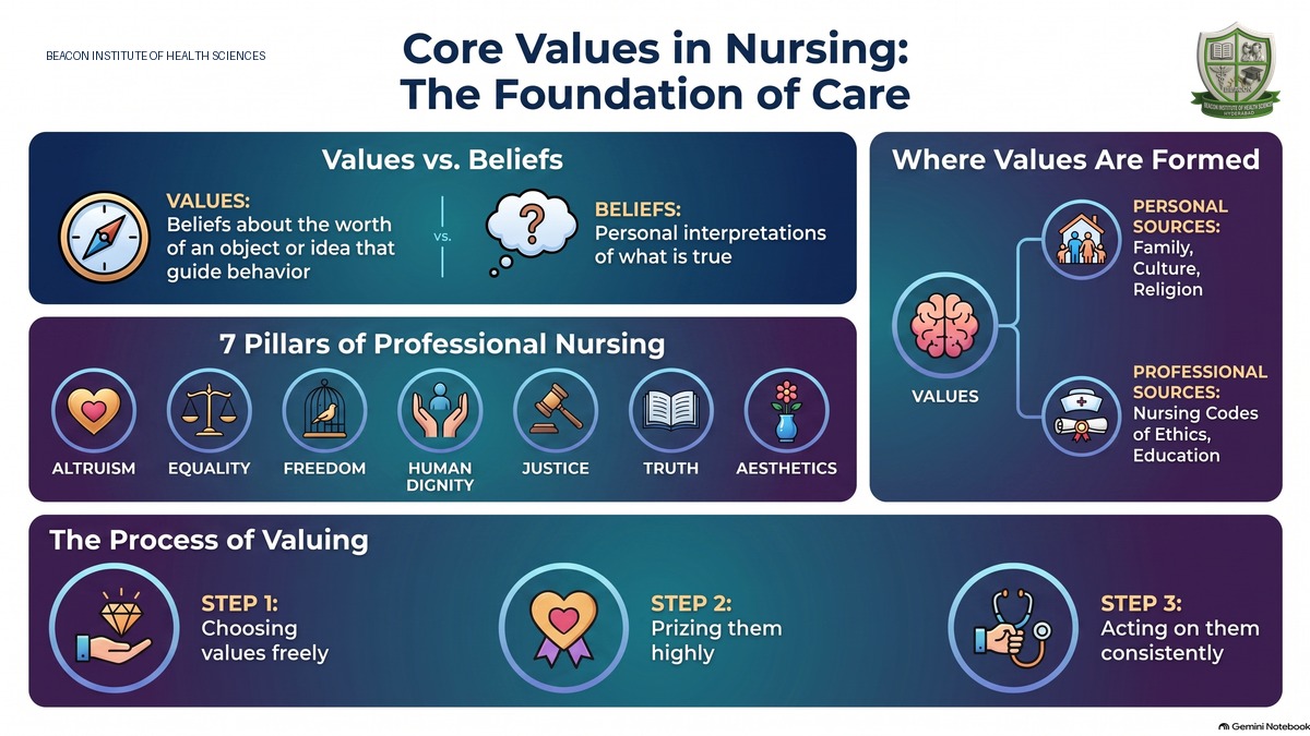 Explore values in nursing, including personal and professional values, beliefs, attitudes, ethics and their influence on nursing practice and patient care.
