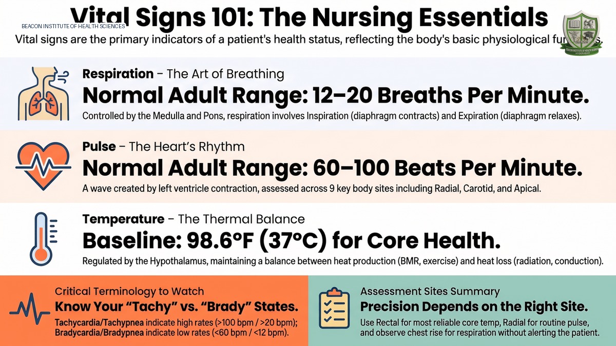 Infographic showing vital signs in nursing, including normal adult ranges and key assessment guidelines